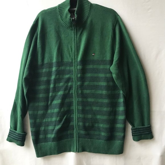 Tommy Hilfiger Green Blue Cardigan Sweater Mens Size XL X-Large Stripes Full Zip - Picture 1 of 16